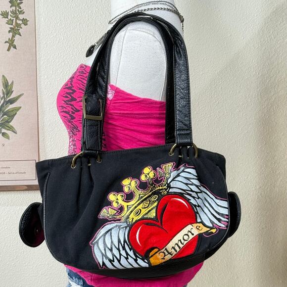 Y2k Amor'e Heart Crown Angel Wings Shoulder Bag Trashy McBling Punk Emo Grunge - Picture 1 of 14